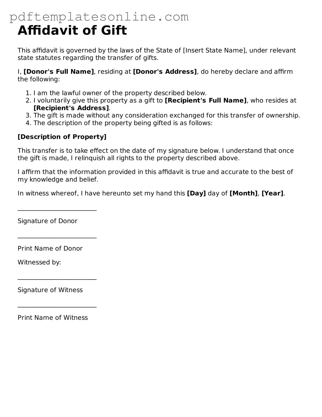 Fillable Affidavit of Gift Document