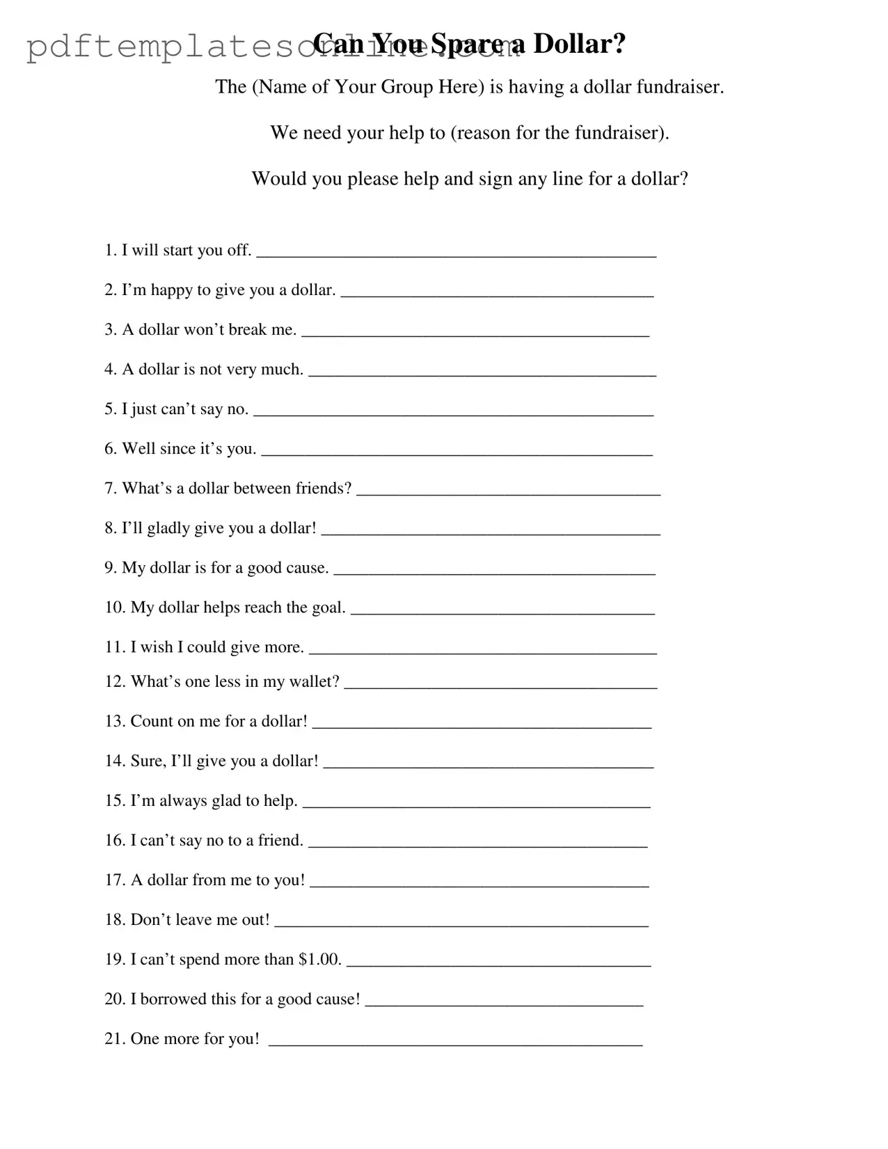 Blank Donated A Dollar Form
