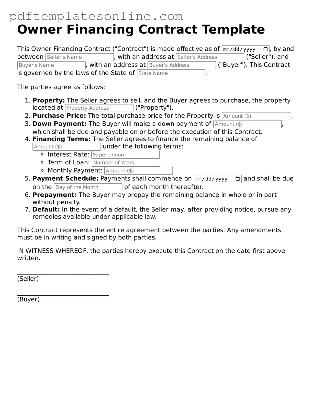 Fillable Owner Financing Contract Document