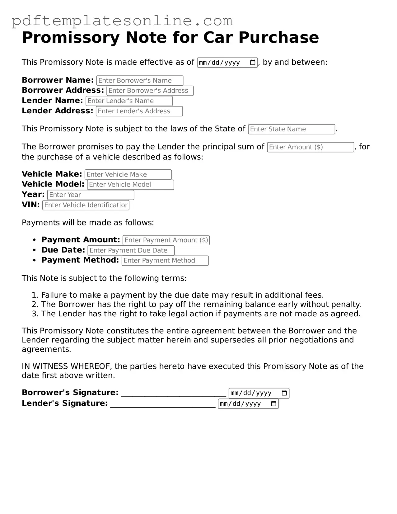 Fillable Promissory Note for a Car Document