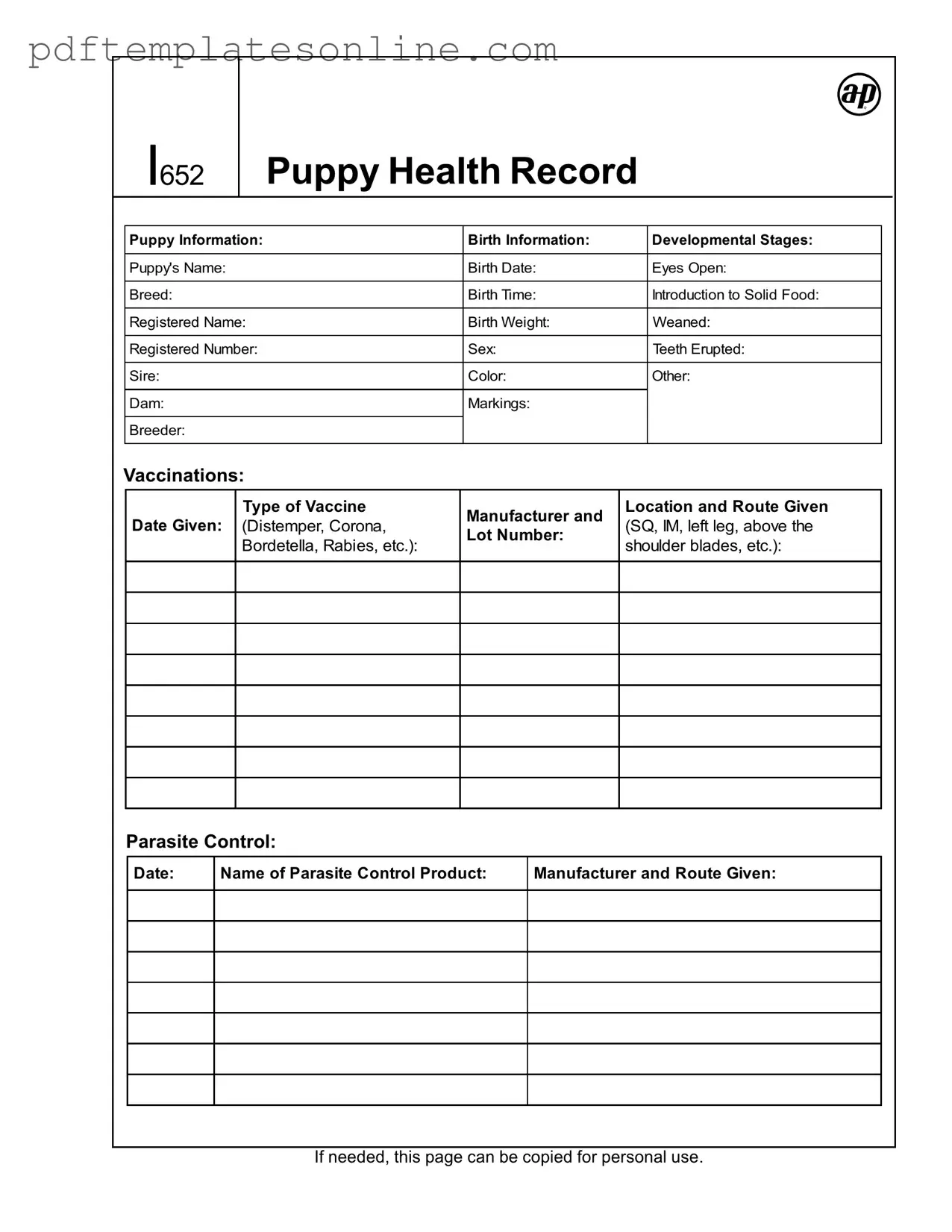 Blank Puppy Health Record Form