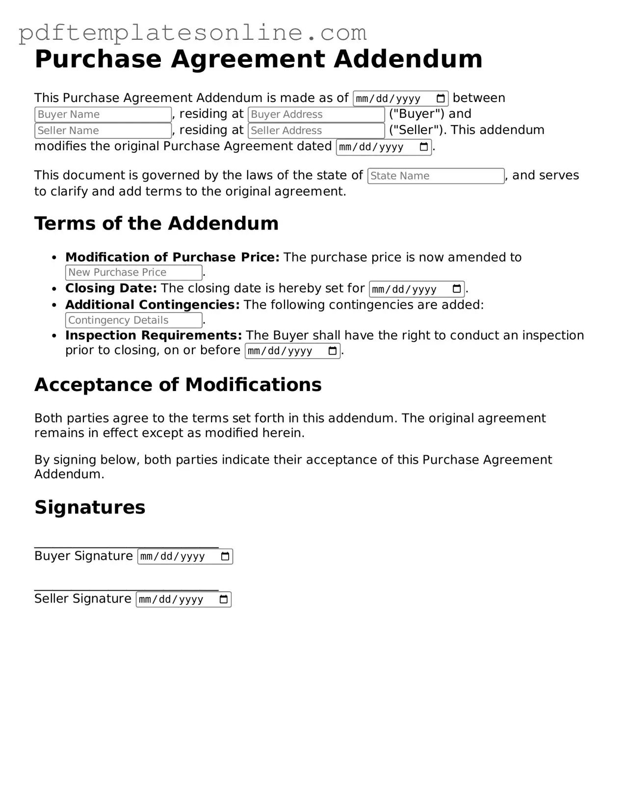 Fillable Purchase Agreement Addendum Document