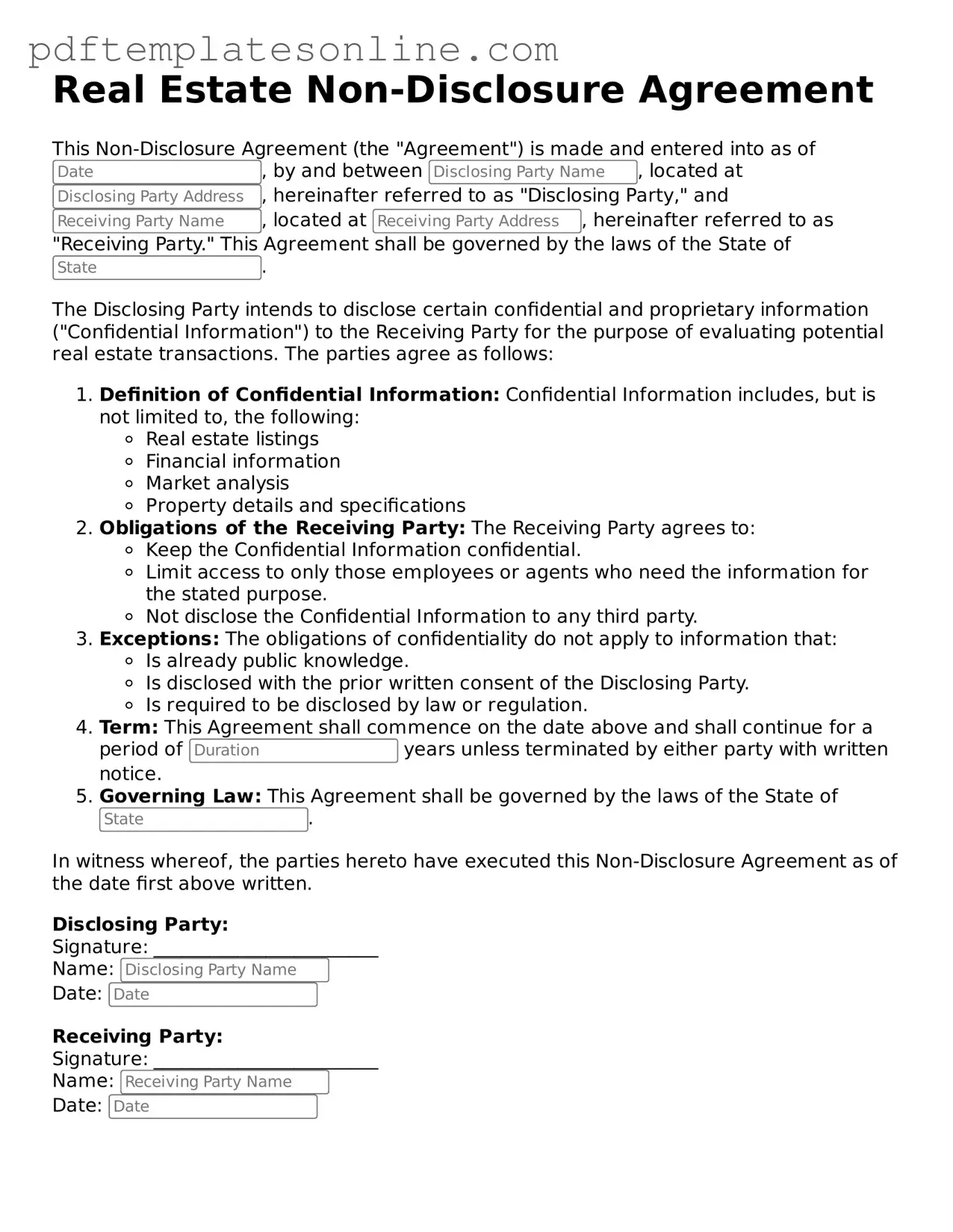 Fillable Real Estate Non-Disclosure Agreement Document