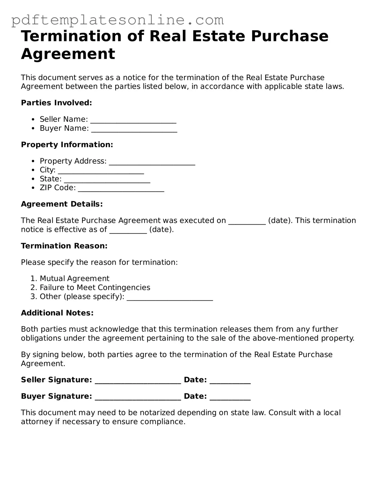 Fillable Termination of Real Estate Purchase Agreement Document