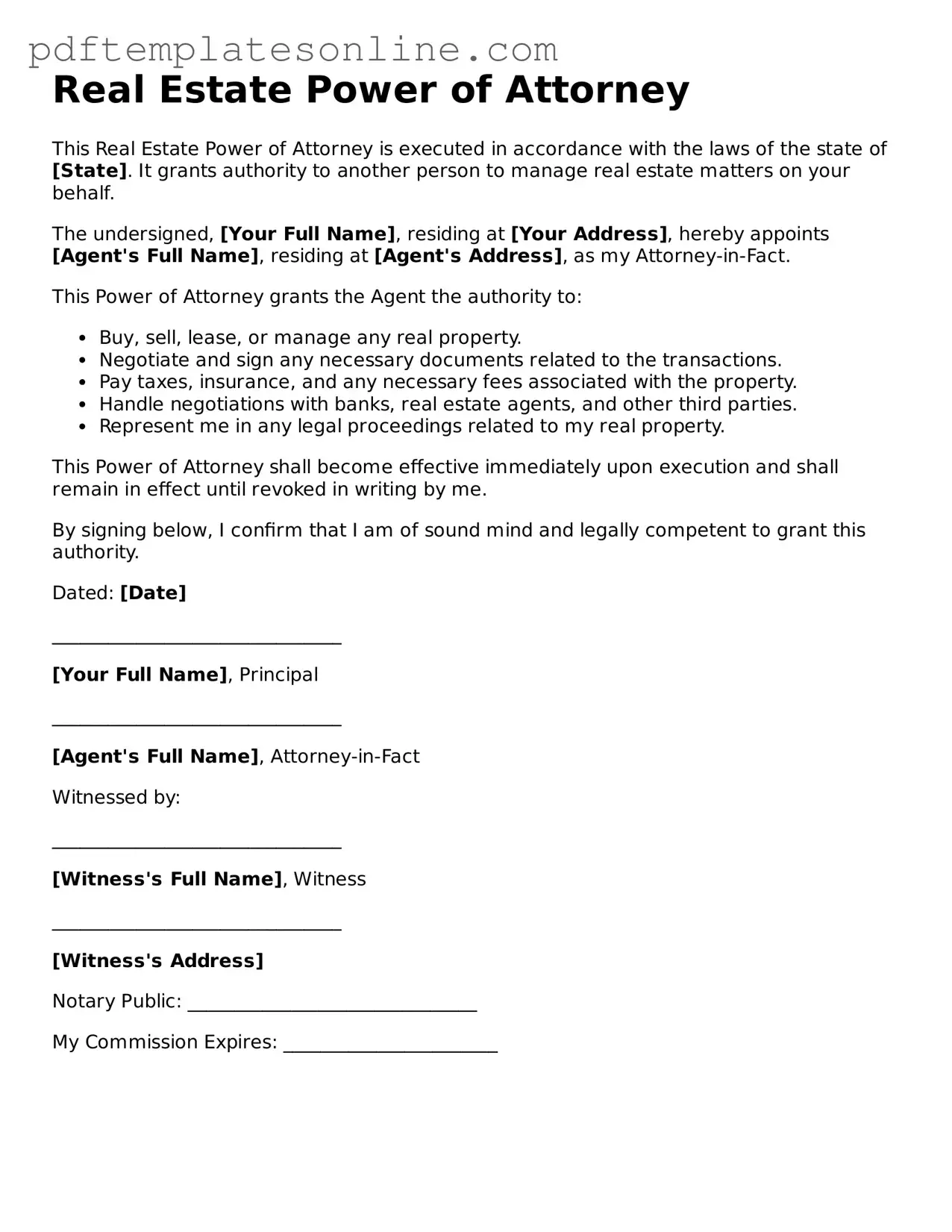 Fillable Real Estate Power of Attorney Document