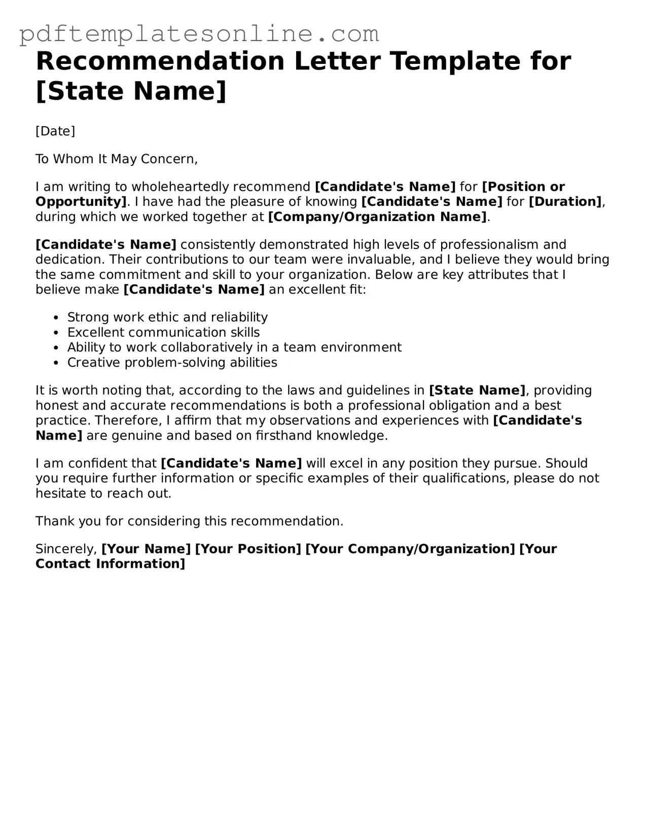 Fillable Recommendation Letter Document