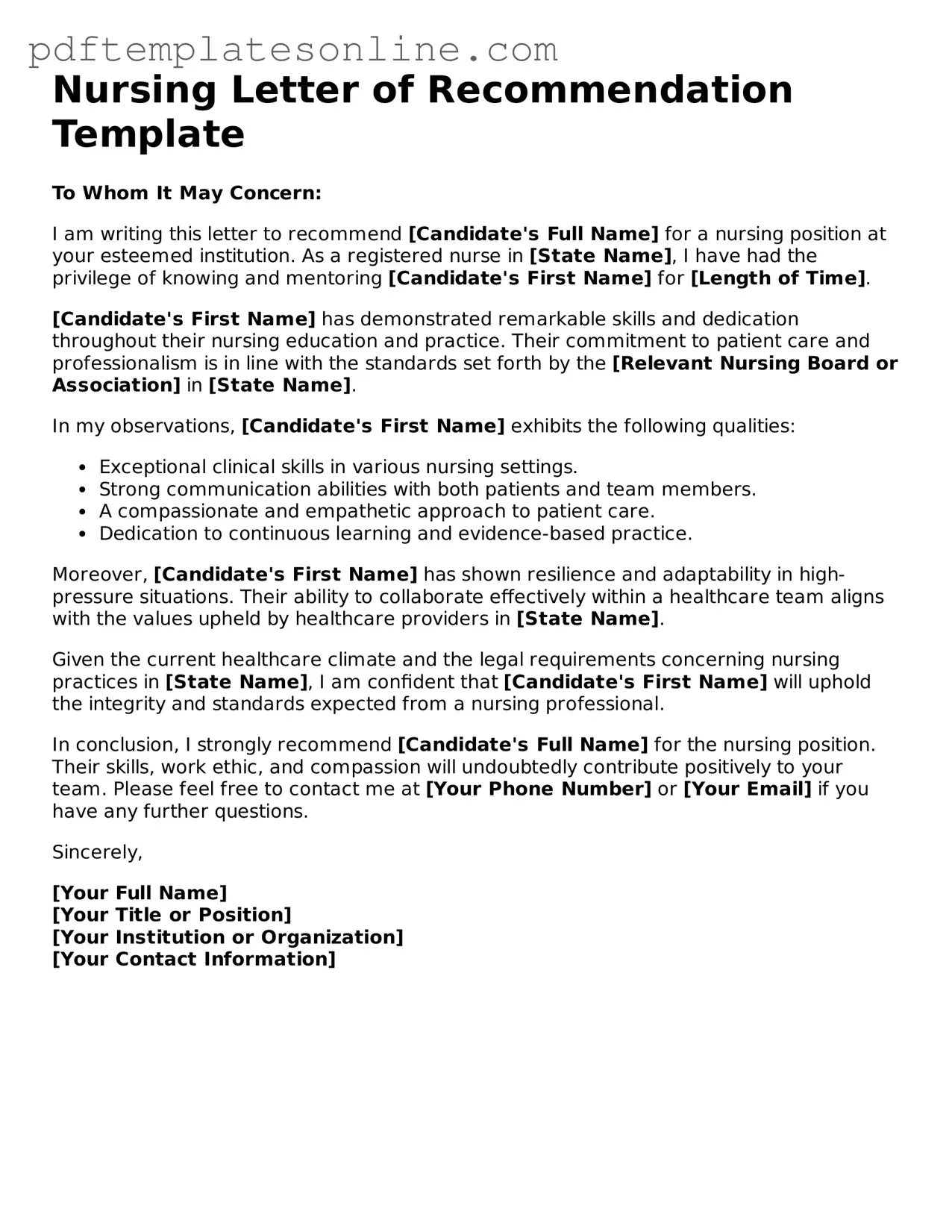 Fillable Nursing Letter of Recommendation Document