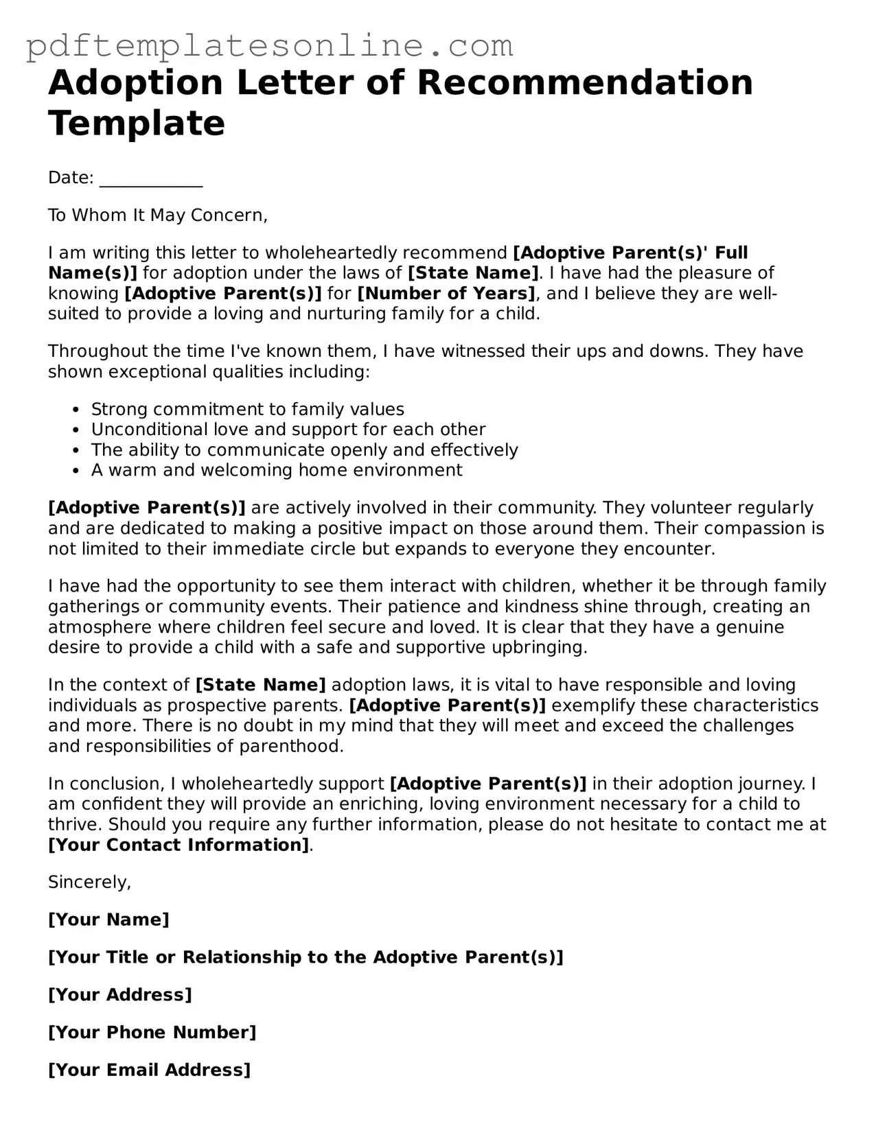 Fillable Adoption Letter of Recommendation Document