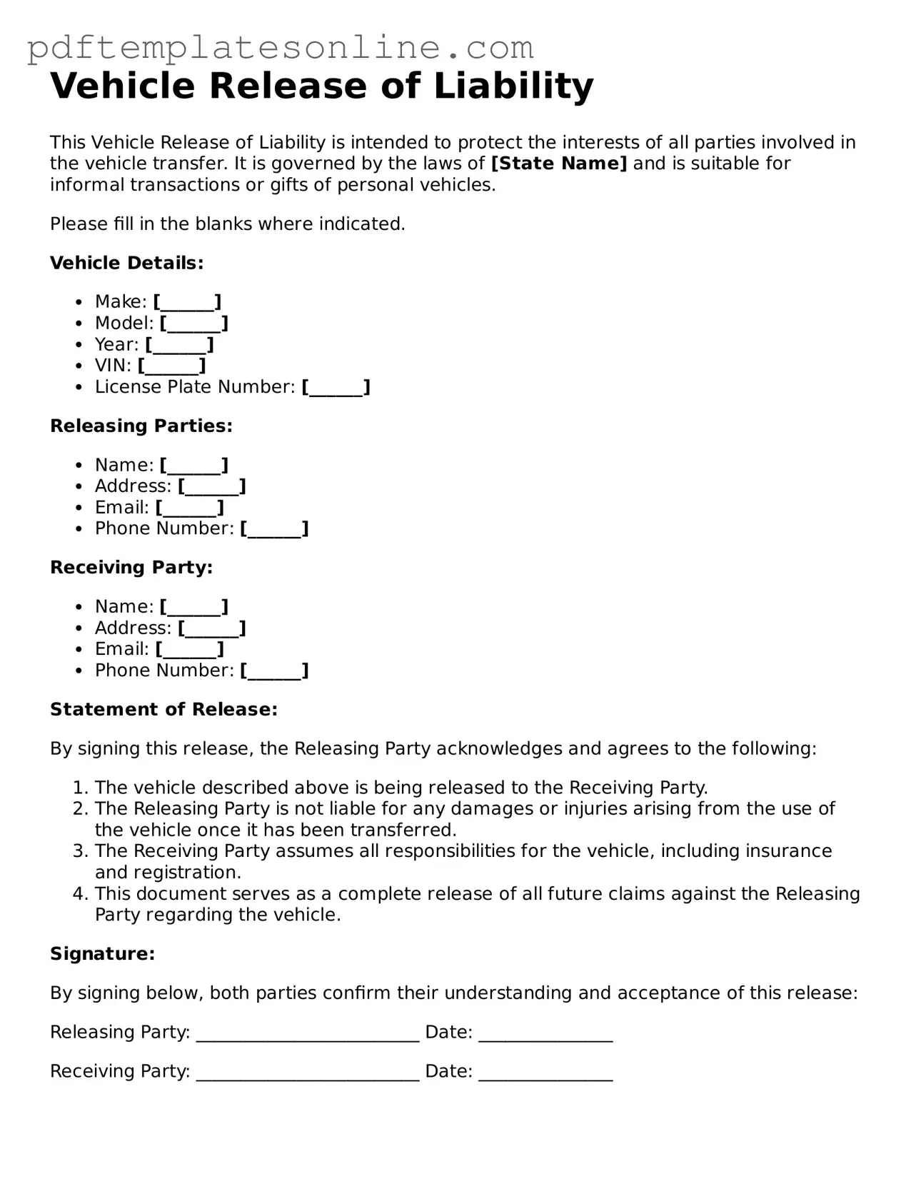 Fillable Vehicle Release of Liability Document