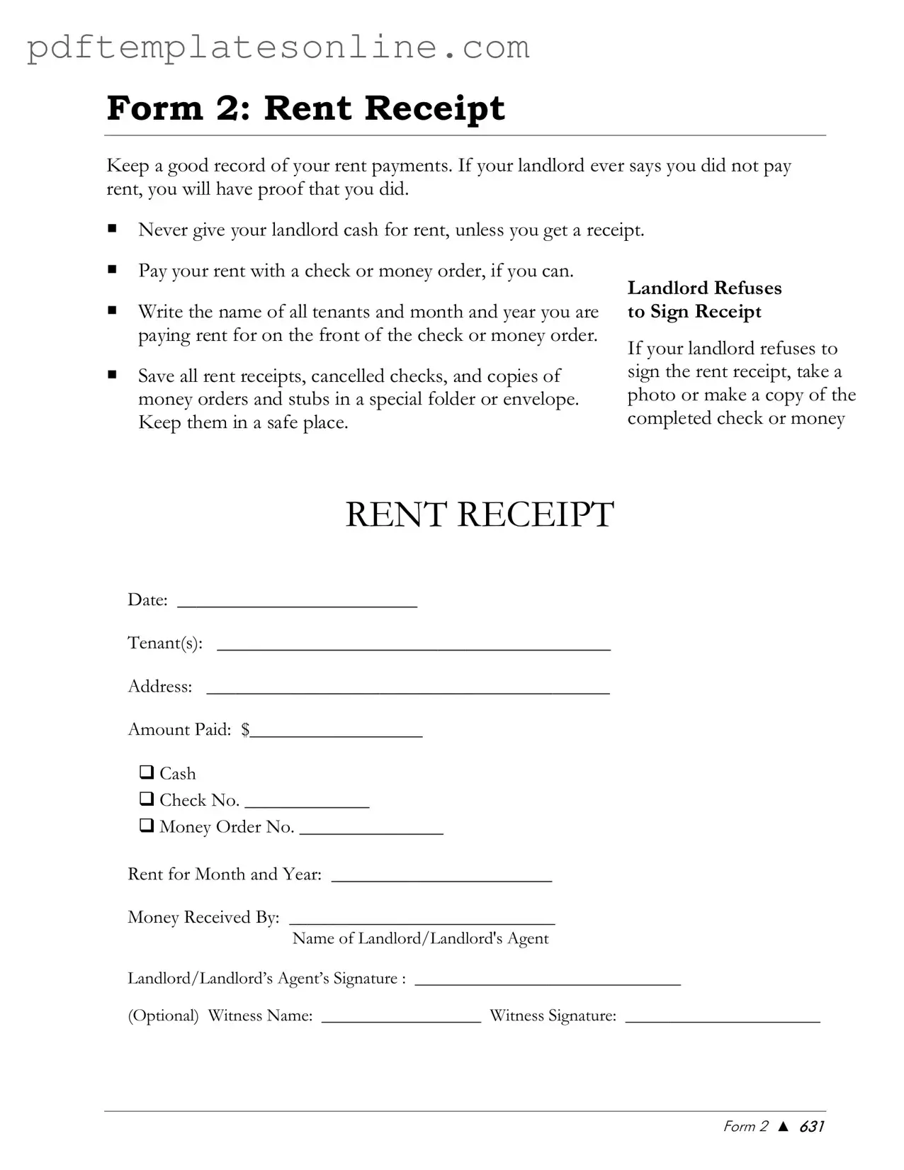 Blank Rental Receipt Form