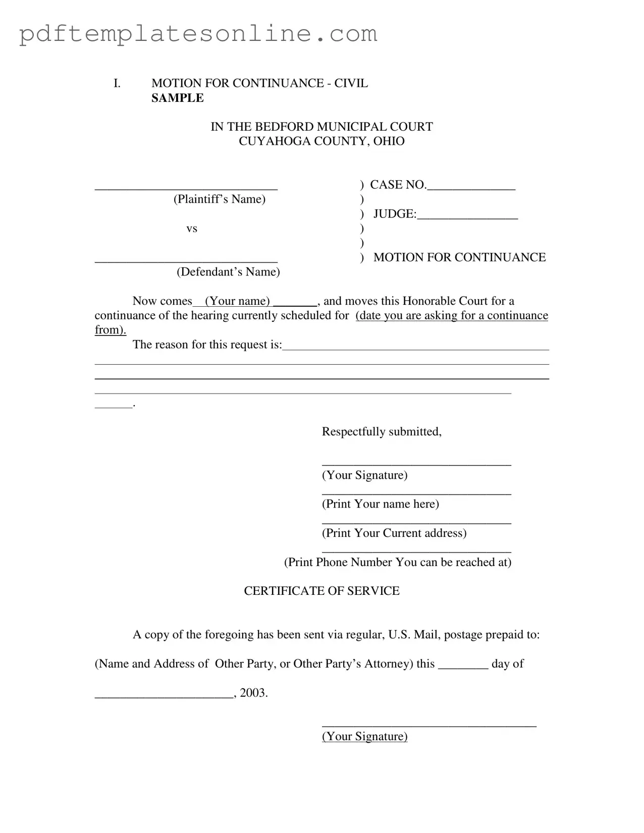 Blank Motion For Continuance Form