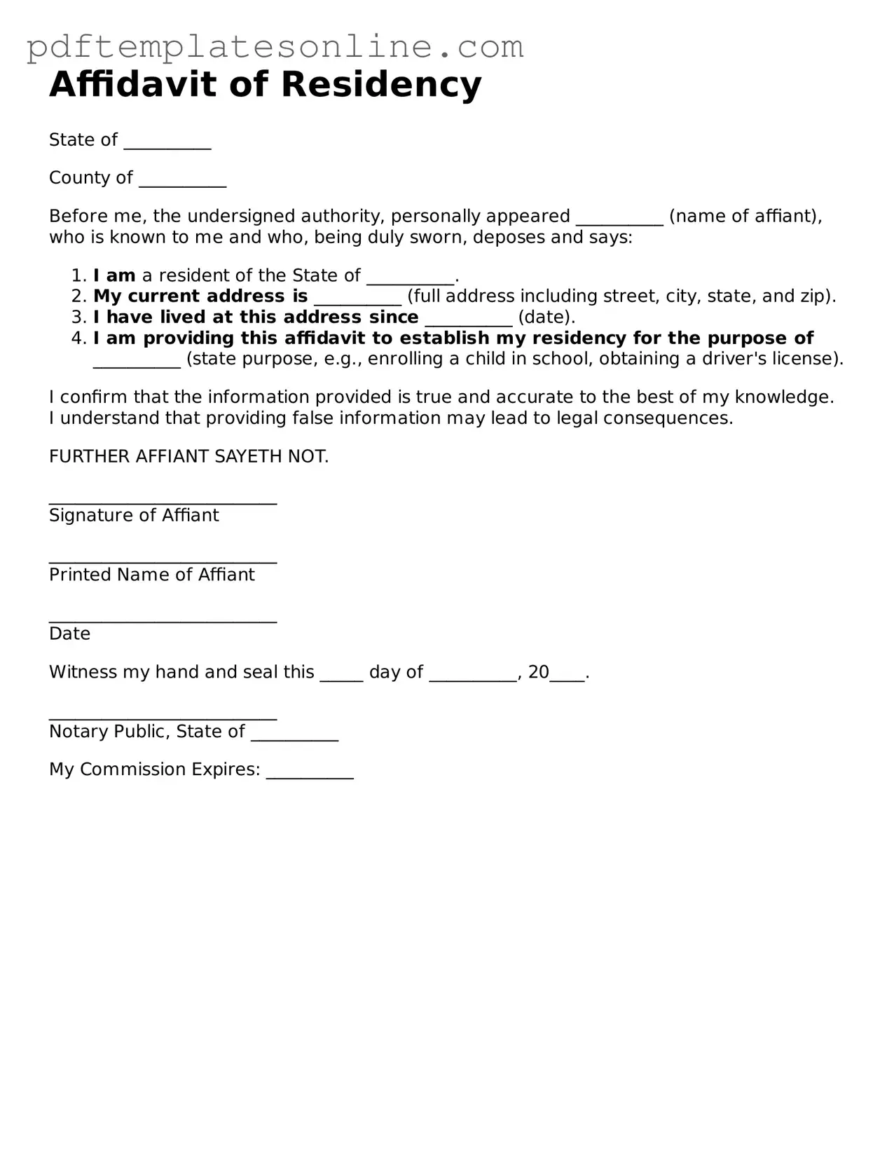 Fillable Affidavit of Residency Document