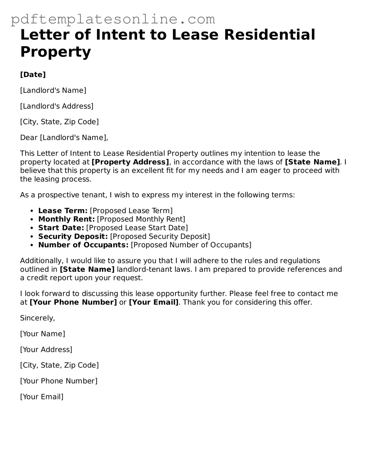 Fillable Letter of Intent to Lease Residential Property Document