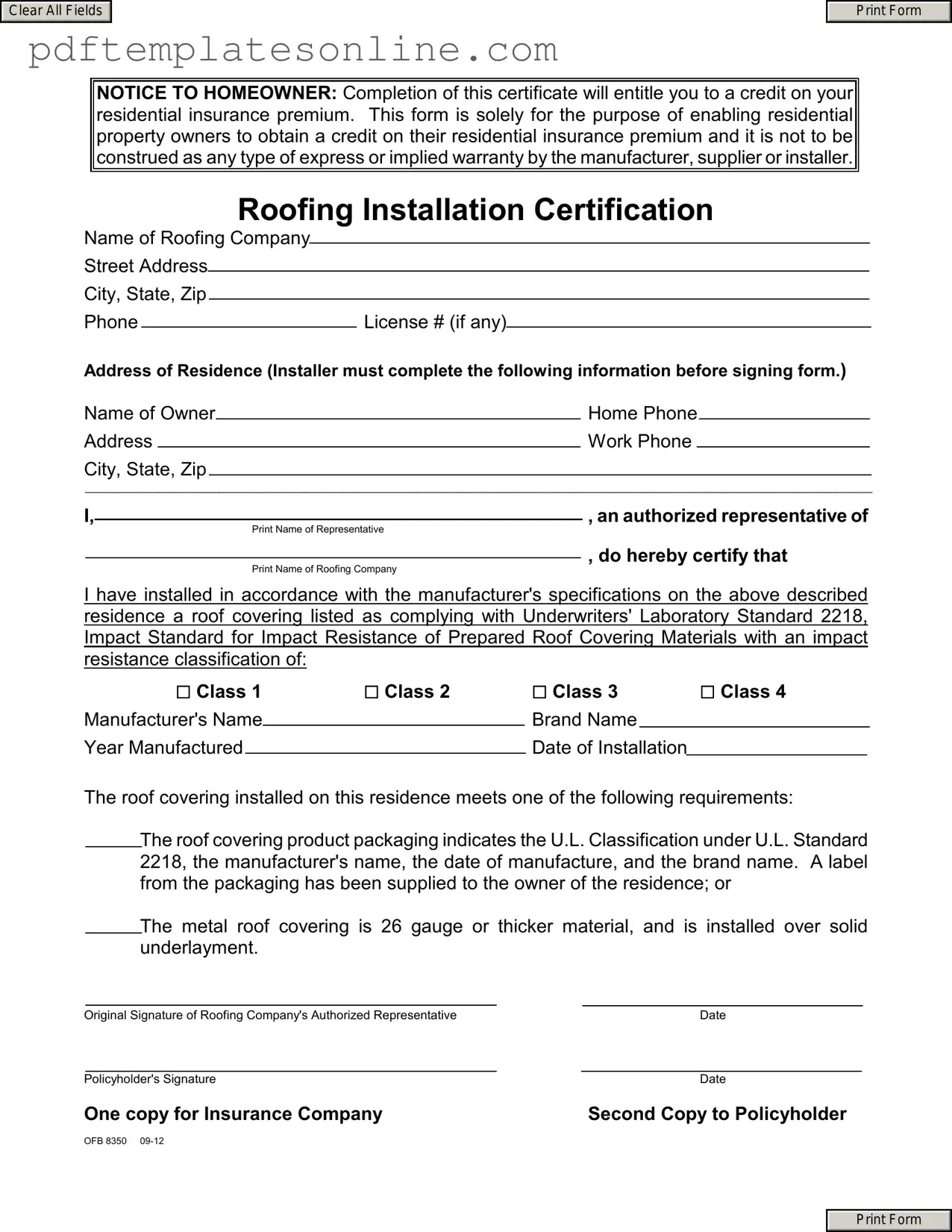 Blank Roofing Certificate Form
