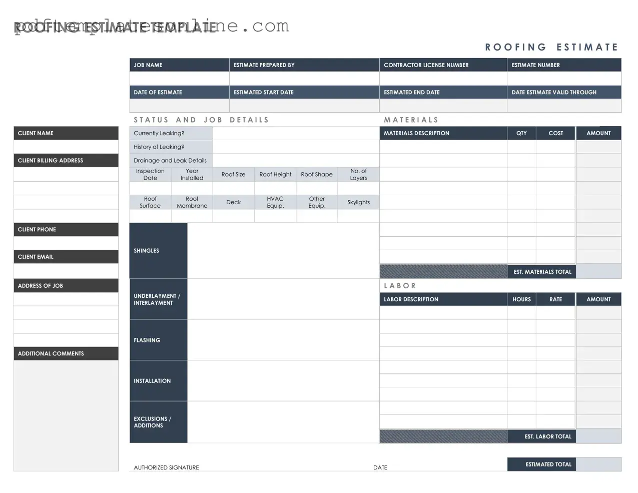 Blank Roofing Estimate Form