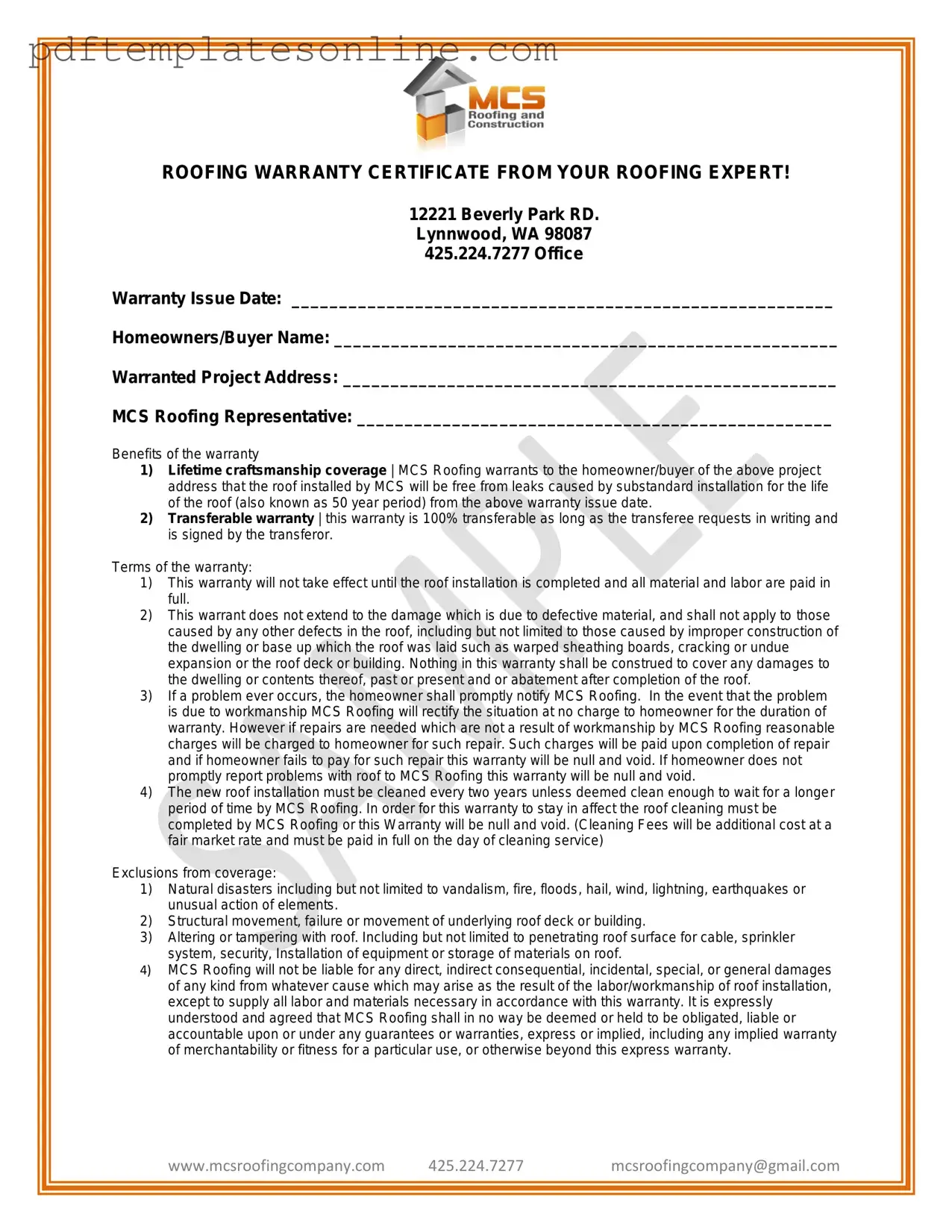 Blank Roofing Warranty Certificate Form