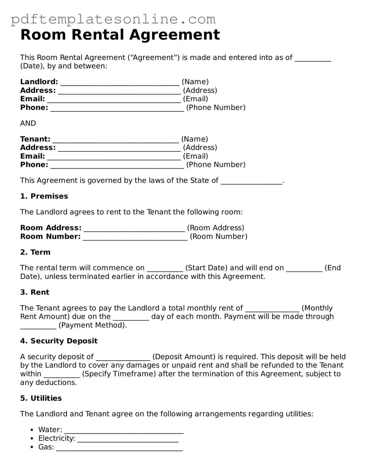 Fillable Room Rental Agreement Document