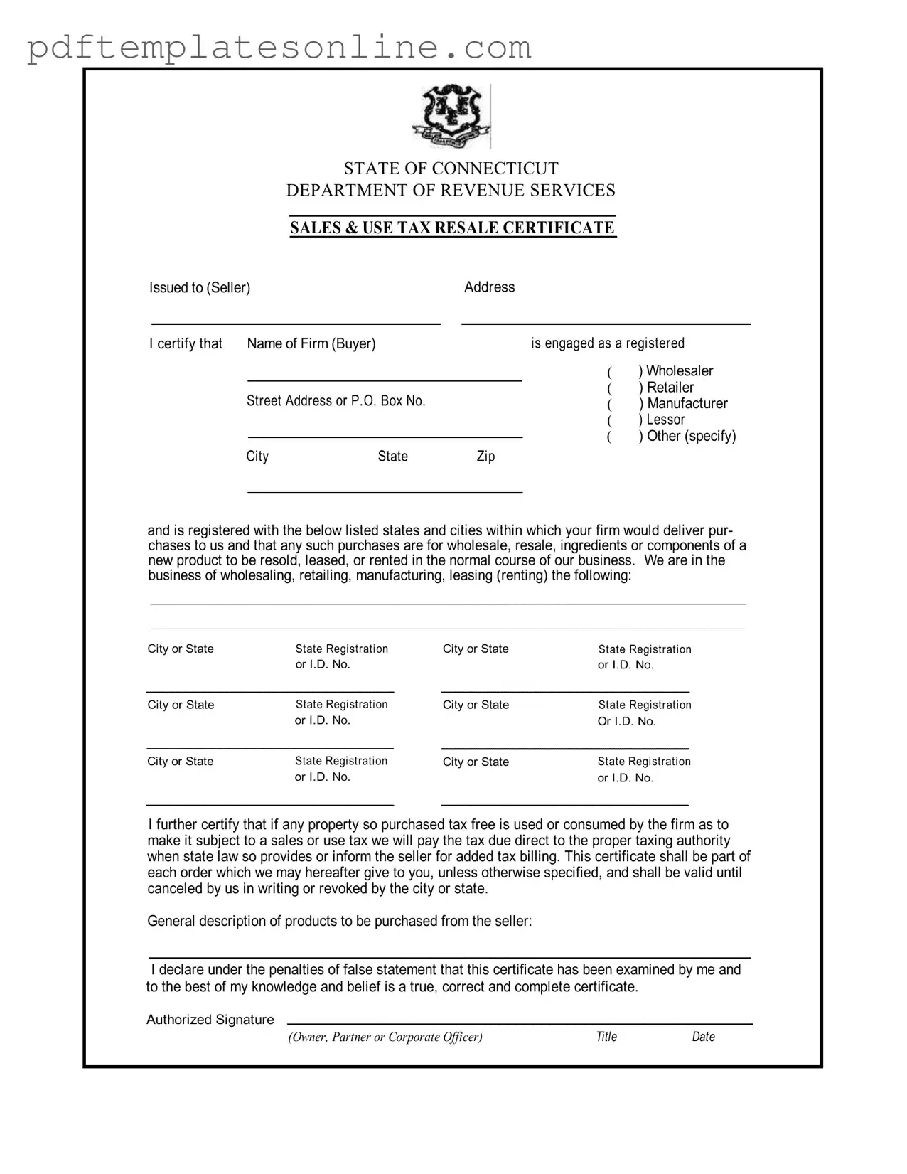 Blank Ct Resale Certificate Form
