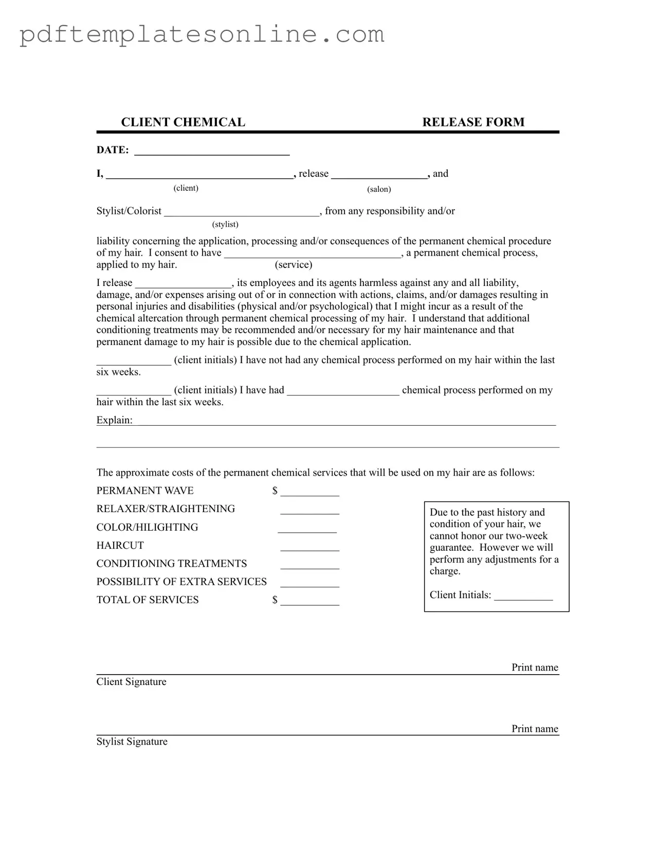 Blank Salon Chemical Waiver Form