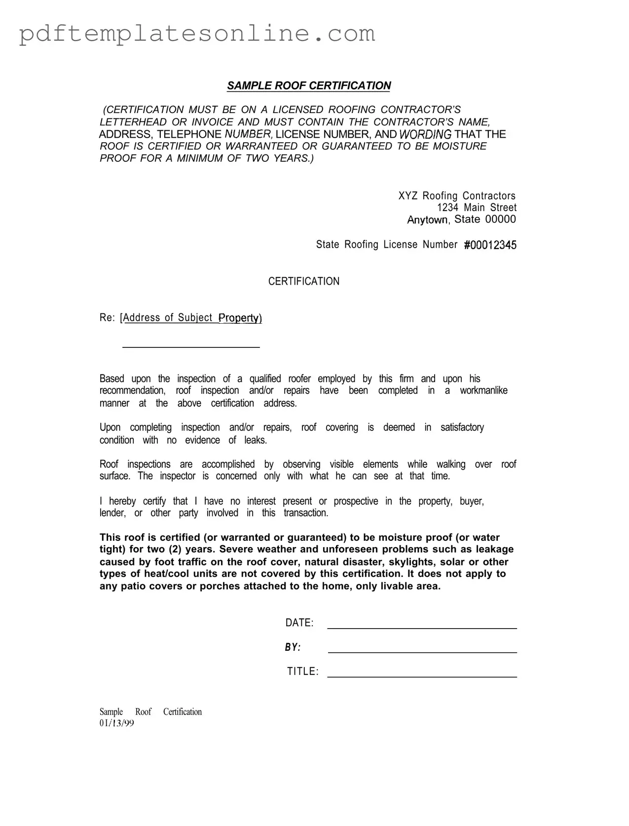 Blank Sample Roof Certification Form