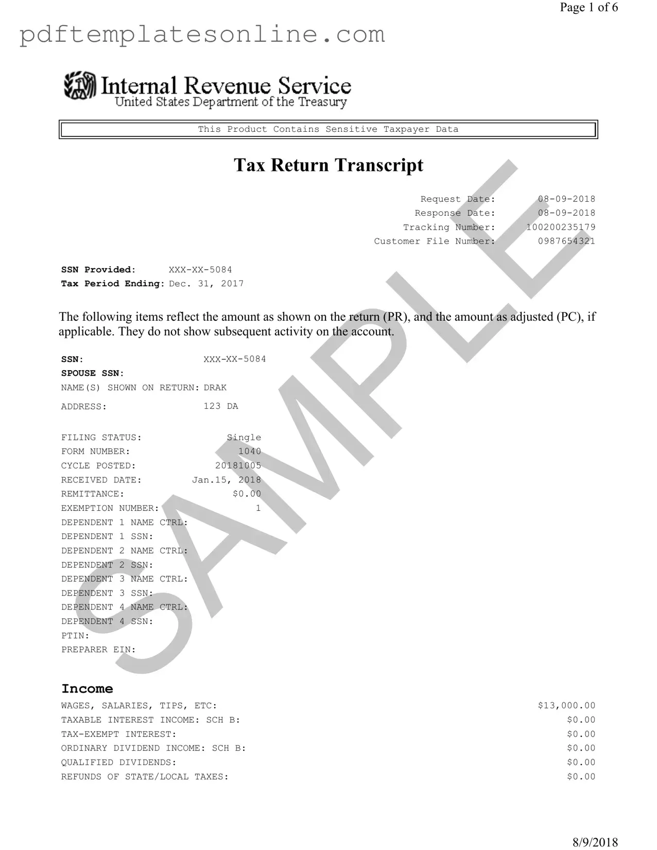 Blank Sample Tax Return Transcript Form