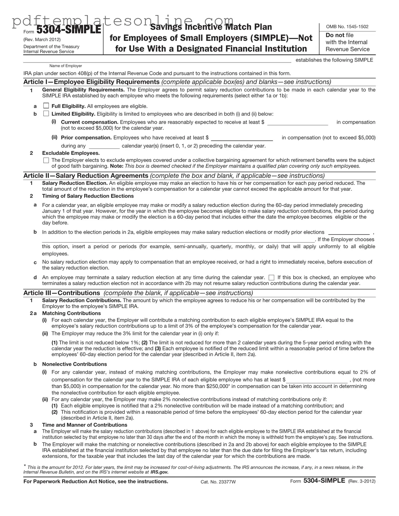 Blank IRS 5304-SIMPLE Form