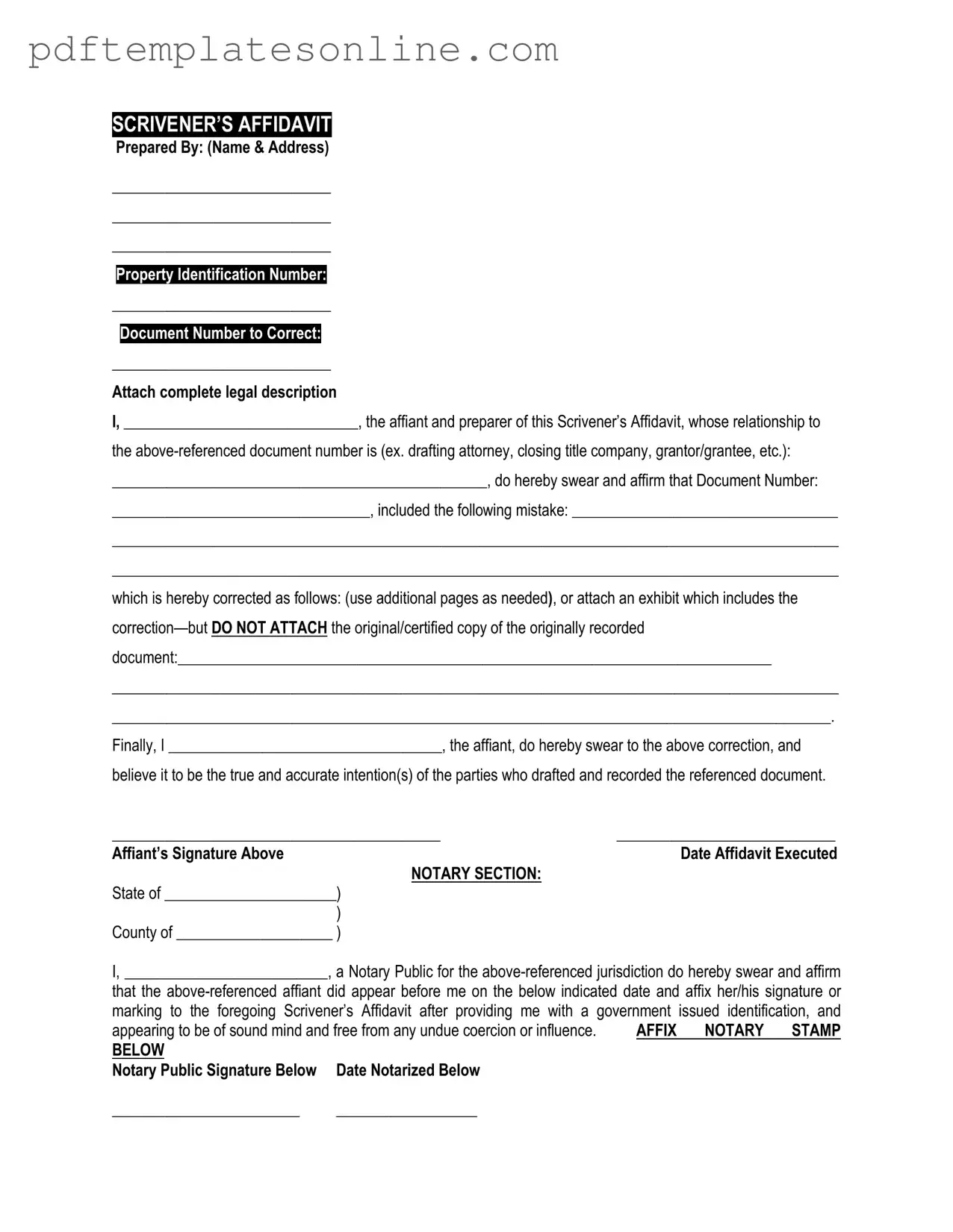 Blank Scrivener's Affidavit Form