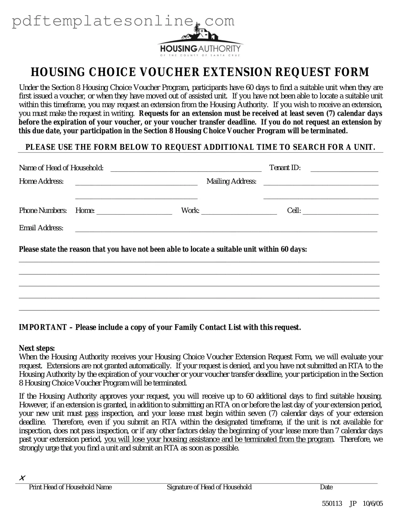 Blank Section 8 Voucher Extension Form