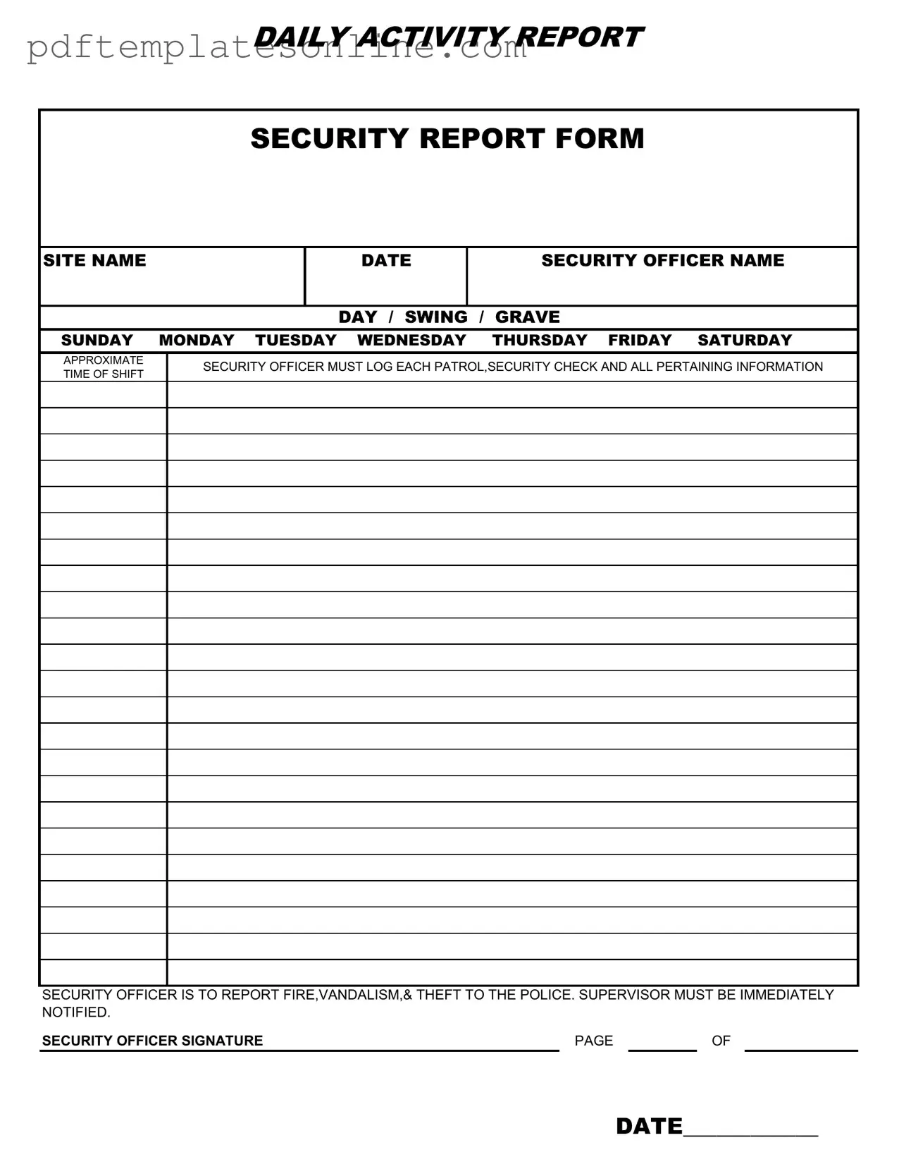 Blank Security Guard Daily Report Sample Form