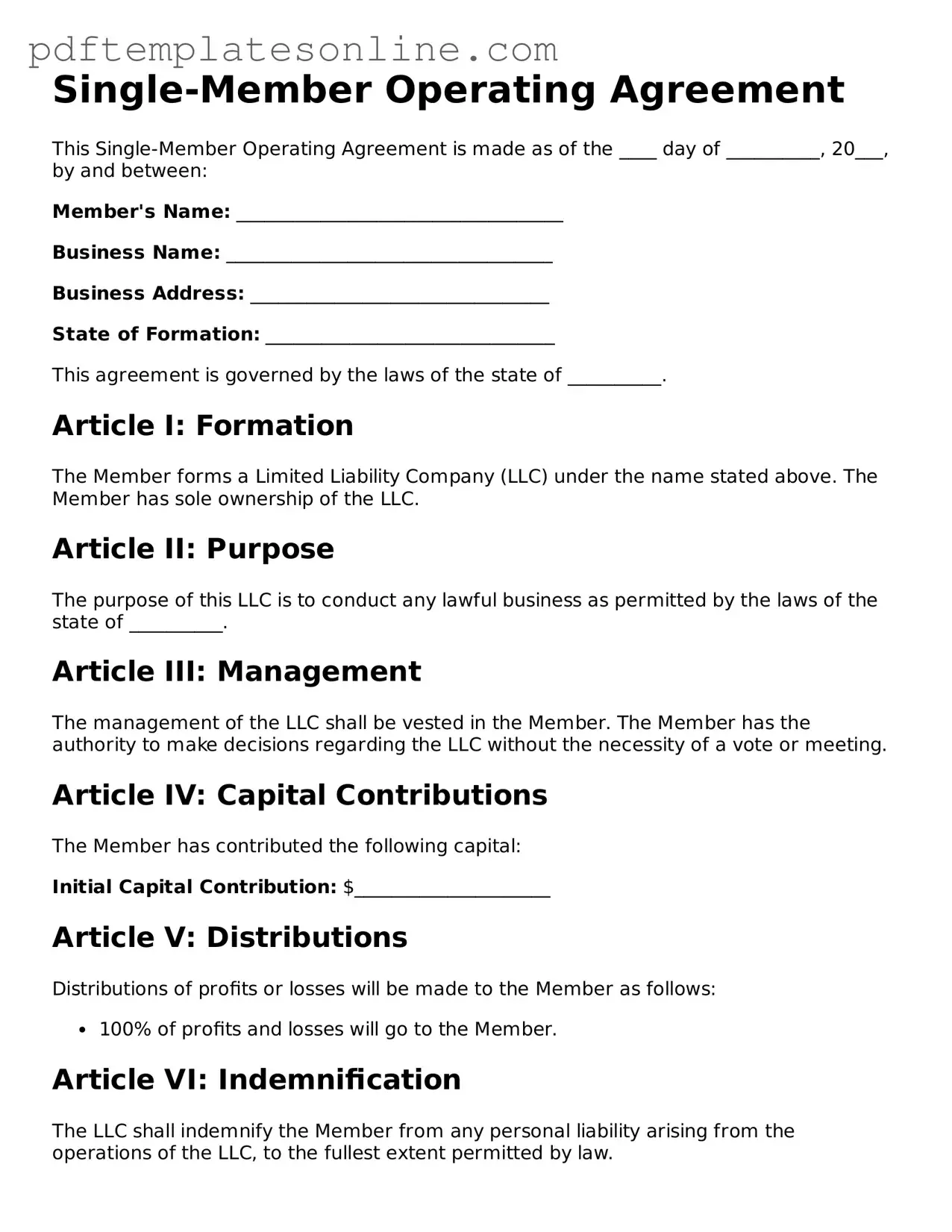 Fillable Single-Member Operating Agreement Document