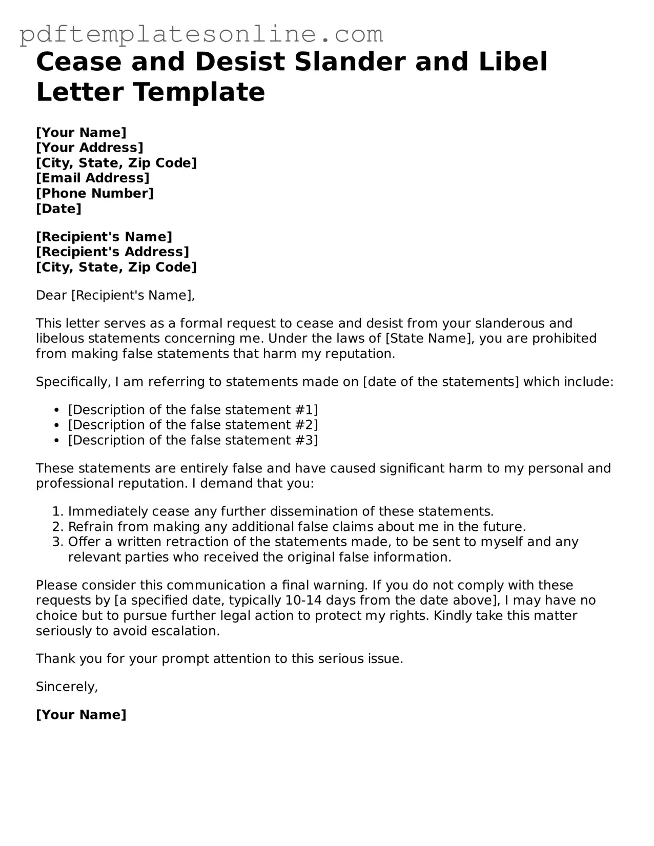 Fillable Cease and Desist Slander and Libel Letter Document