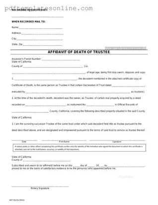Blank California Affidavit of Death of a Trustee Form