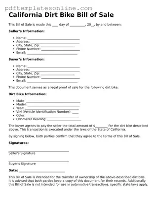 Official California Dirt Bike Bill of Sale Document