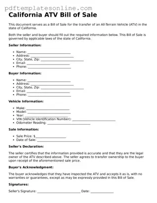 Official California ATV Bill of Sale Document