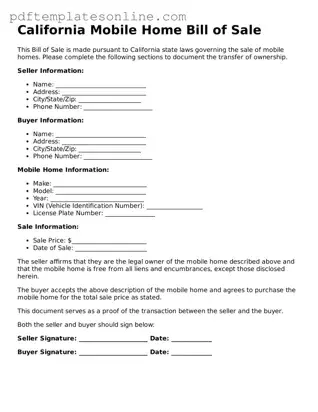 Official California Mobile Home Bill of Sale Document