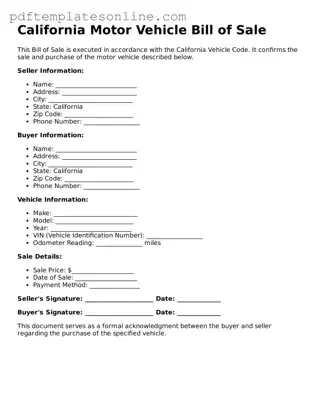 Official California Motor Vehicle Bill of Sale Document