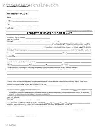 Blank California Death of a Joint Tenant Affidavit Form