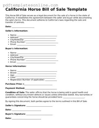 Official California Horse Bill of Sale Document