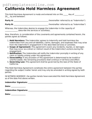 Official California Hold Harmless Agreement Document