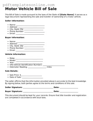 Fillable Motor Vehicle Bill of Sale Document