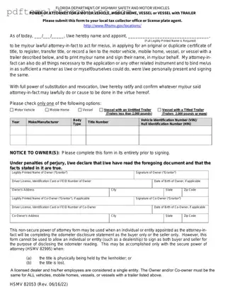 Blank Florida Vehicle POA form 82053 Form