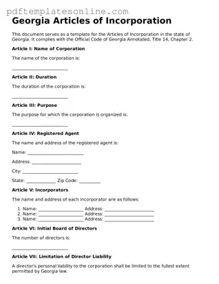Official Georgia Articles of Incorporation Document