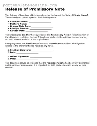 Fillable Release of Promissory Note Document