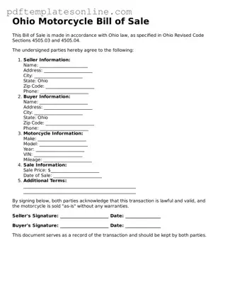 Official Ohio Motorcycle Bill of Sale Document