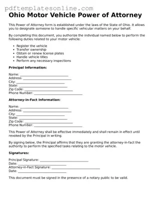 Official Ohio Motor Vehicle Power of Attorney Document