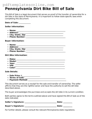 Official Pennsylvania Dirt Bike Bill of Sale Document