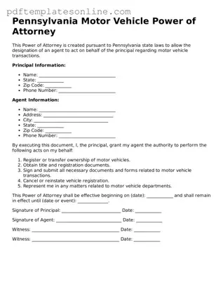 Official Pennsylvania Motor Vehicle Power of Attorney Document