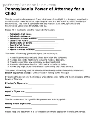 Official Pennsylvania Power of Attorney for a Child Document
