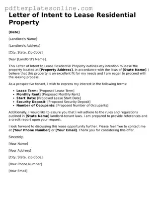 Fillable Letter of Intent to Lease Residential Property Document