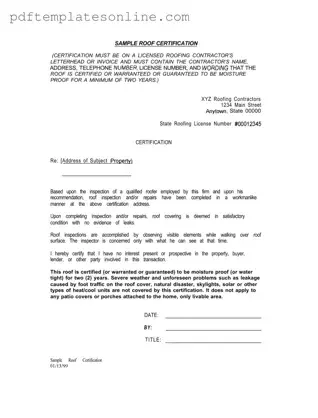 Blank Sample Roof Certification Form